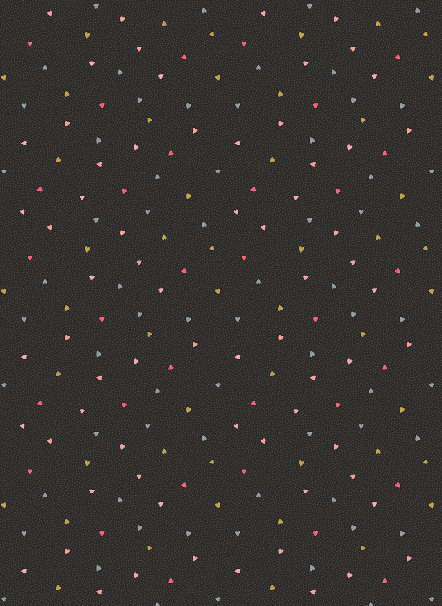 ALL WE NEED IS LOVE: Tiny hearts on charcoal grey (with gold metallic) (1/4 Yard)
