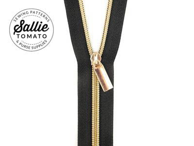 Sallie Tomato #5 Nylon Zippers & Pulls - Black with Gold Coil