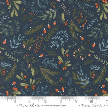 PURRFECT CHRISTMAS: Holly and Pine Florals-Midnight (1/4 Yard)
