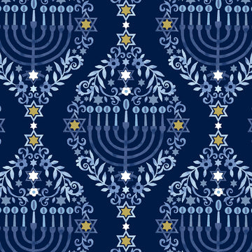 THE GIFT OF LIFE: Menorah Damask-Dark Blue (1/4 Yard)