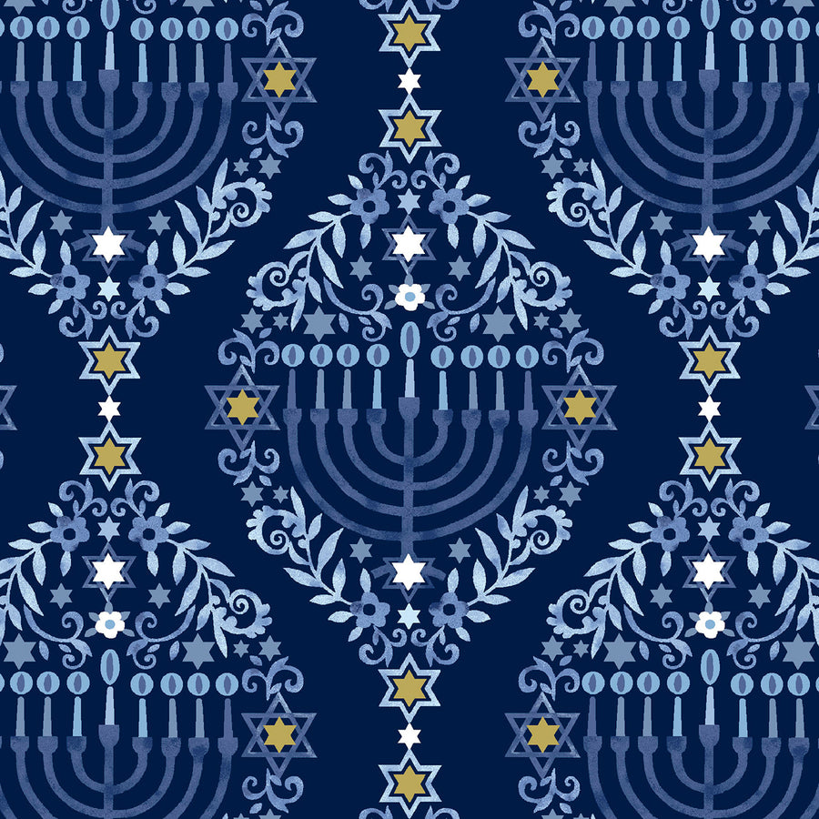 THE GIFT OF LIFE: Menorah Damask-Dark Blue (1/4 Yard)