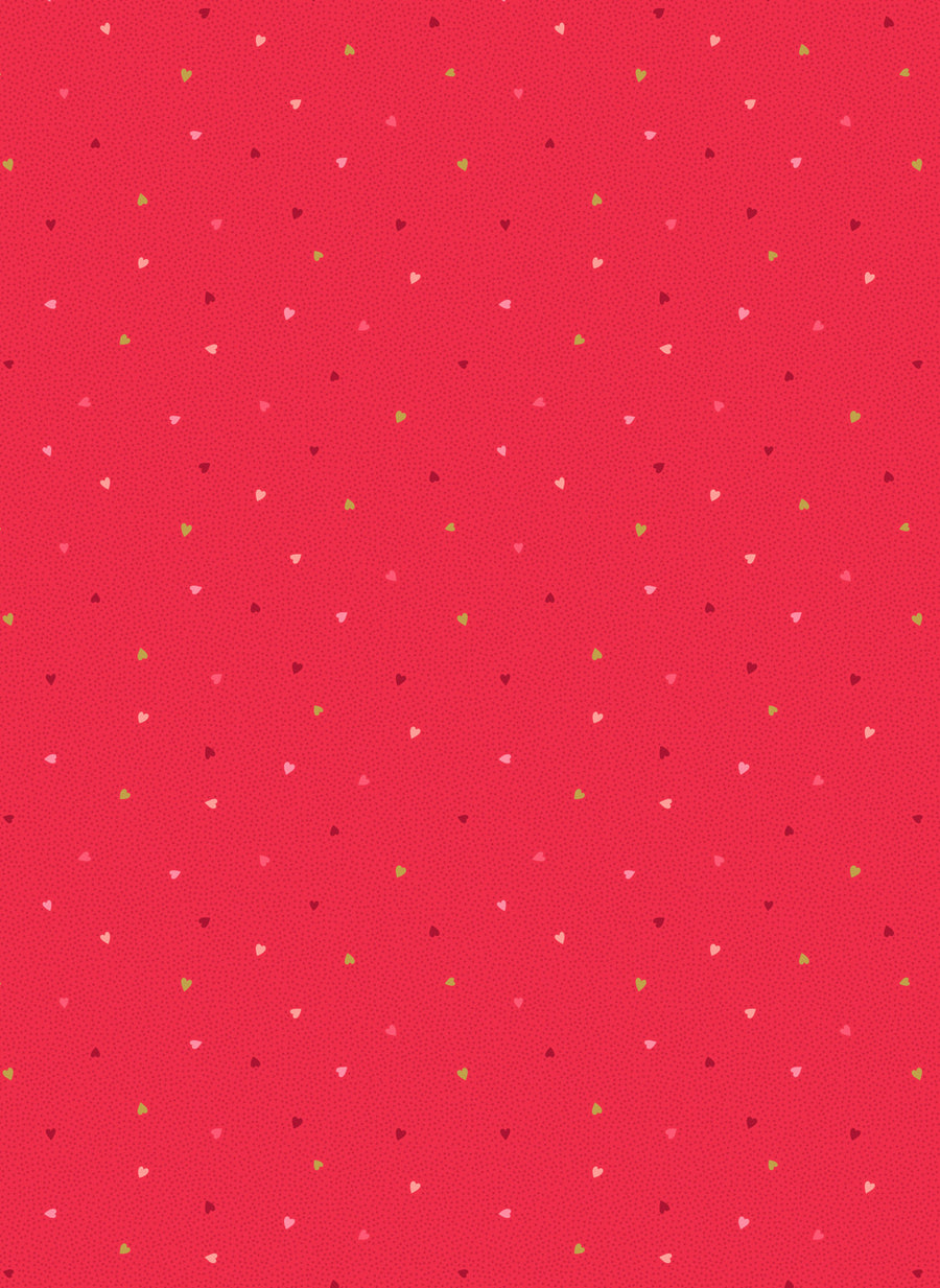 ALL WE NEED IS LOVE: Tiny hearts on red (with gold metallic) (1/4 Yard)