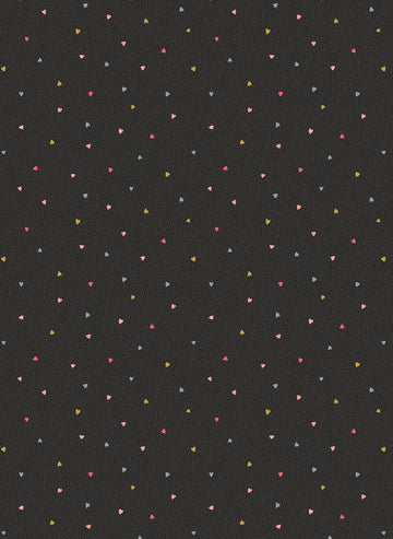 ALL WE NEED IS LOVE: Tiny hearts on charcoal grey (with gold metallic) (1/4 Yard)