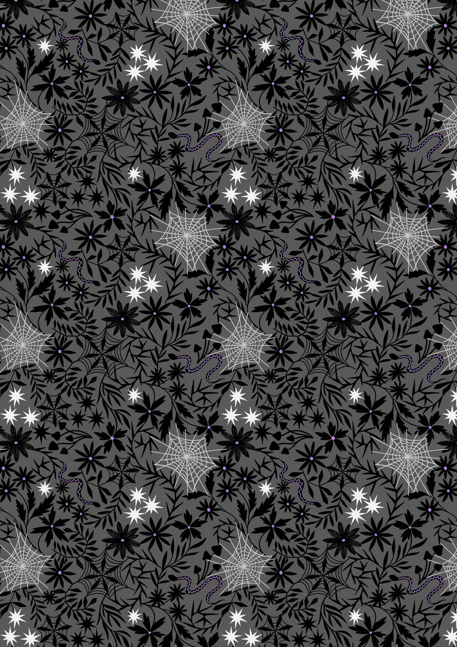 WITCHY WOODS: Floral Cobwebs-Grey Glow-in-the-Dark (1/4 Yard)