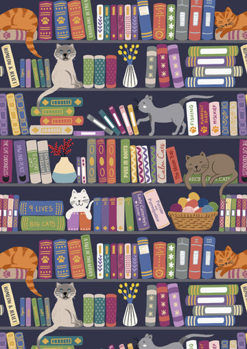 PURFECT BOOK CLUB: Bookshelves and Cats-Multi (1/4 Yard)
