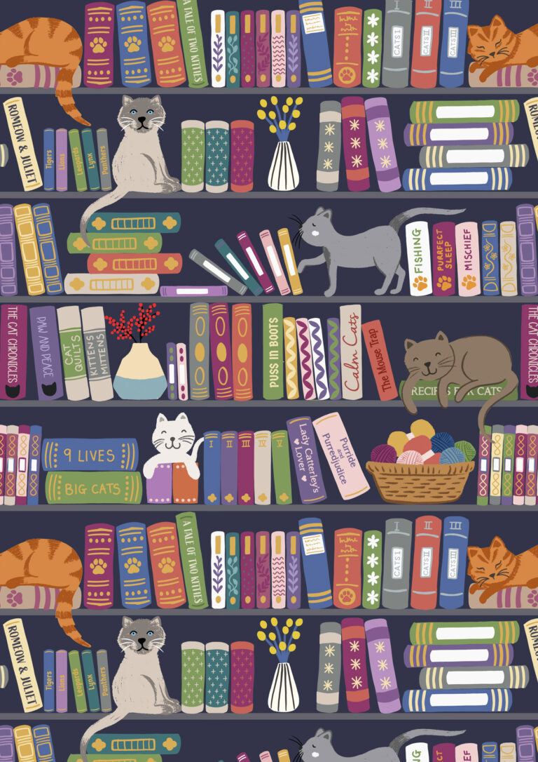 PURFECT BOOK CLUB: Bookshelves and Cats-Multi (1/4 Yard)