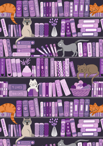 PURFECT BOOK CLUB: Bookshelves and Cats-Purples (1/4 Yard)