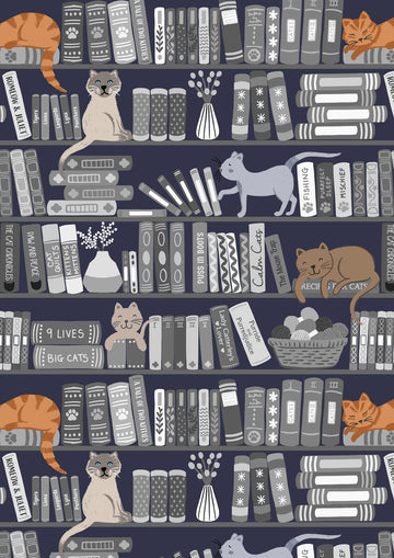 PURFECT BOOK CLUB: Bookshelves and Cats-Greys (1/4 Yard)