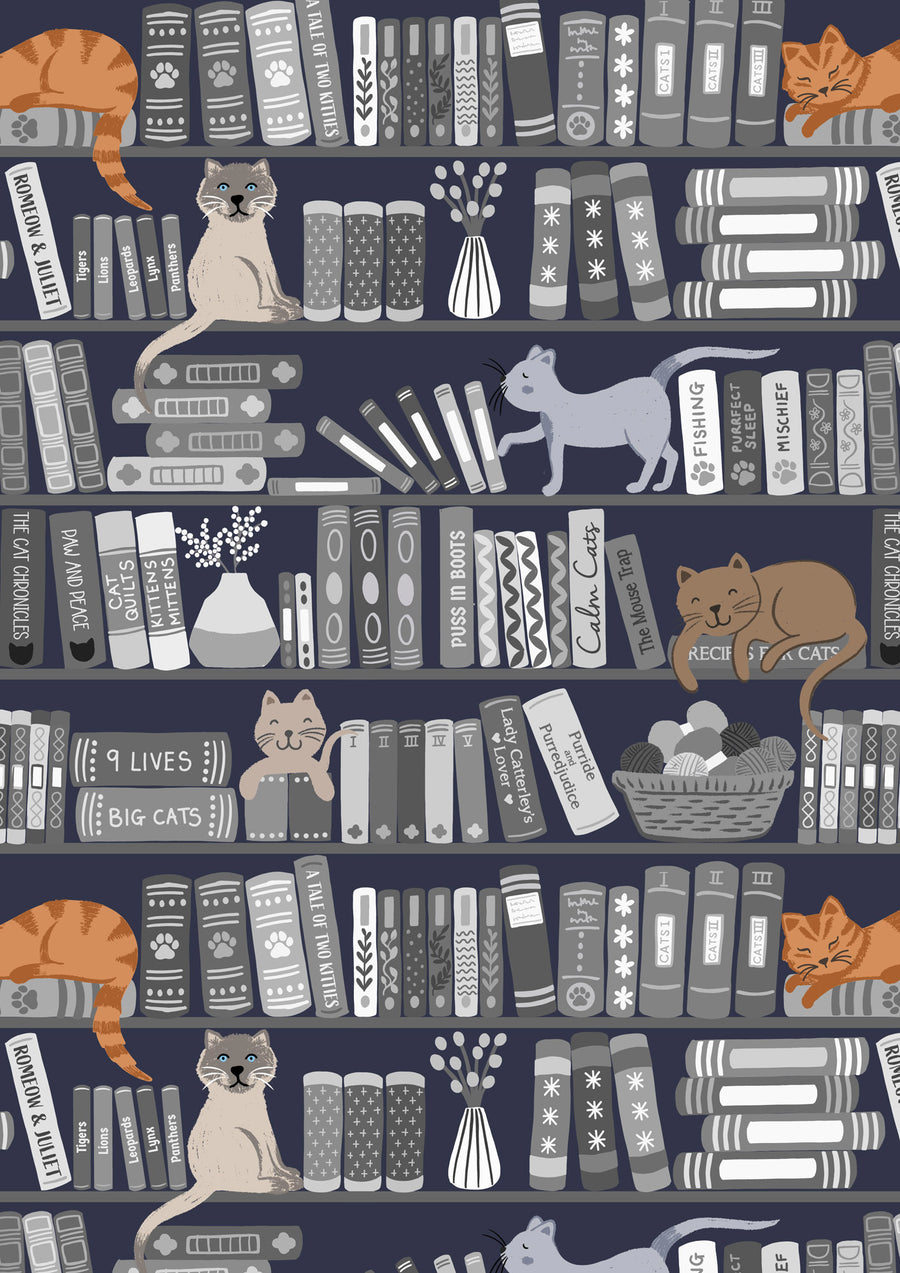 PURFECT BOOK CLUB: Bookshelves and Cats-Greys (1/4 Yard)