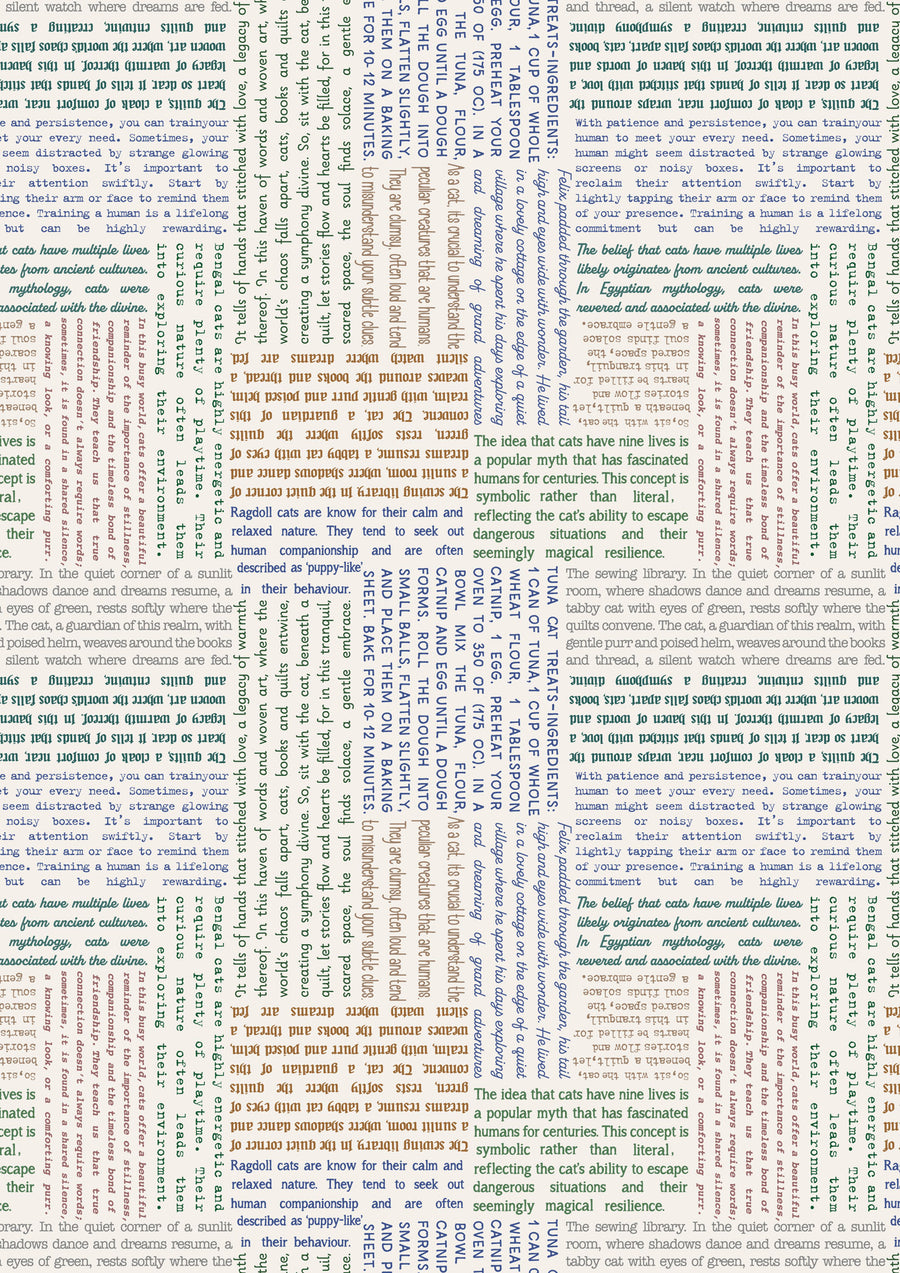 PURFECT BOOK CLUB: Cat Text-Multi on Cream (1/4 Yard)