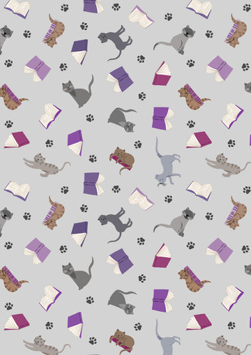PURFECT BOOK CLUB: Scattered Cats and Books-Grey (1/4 Yard)
