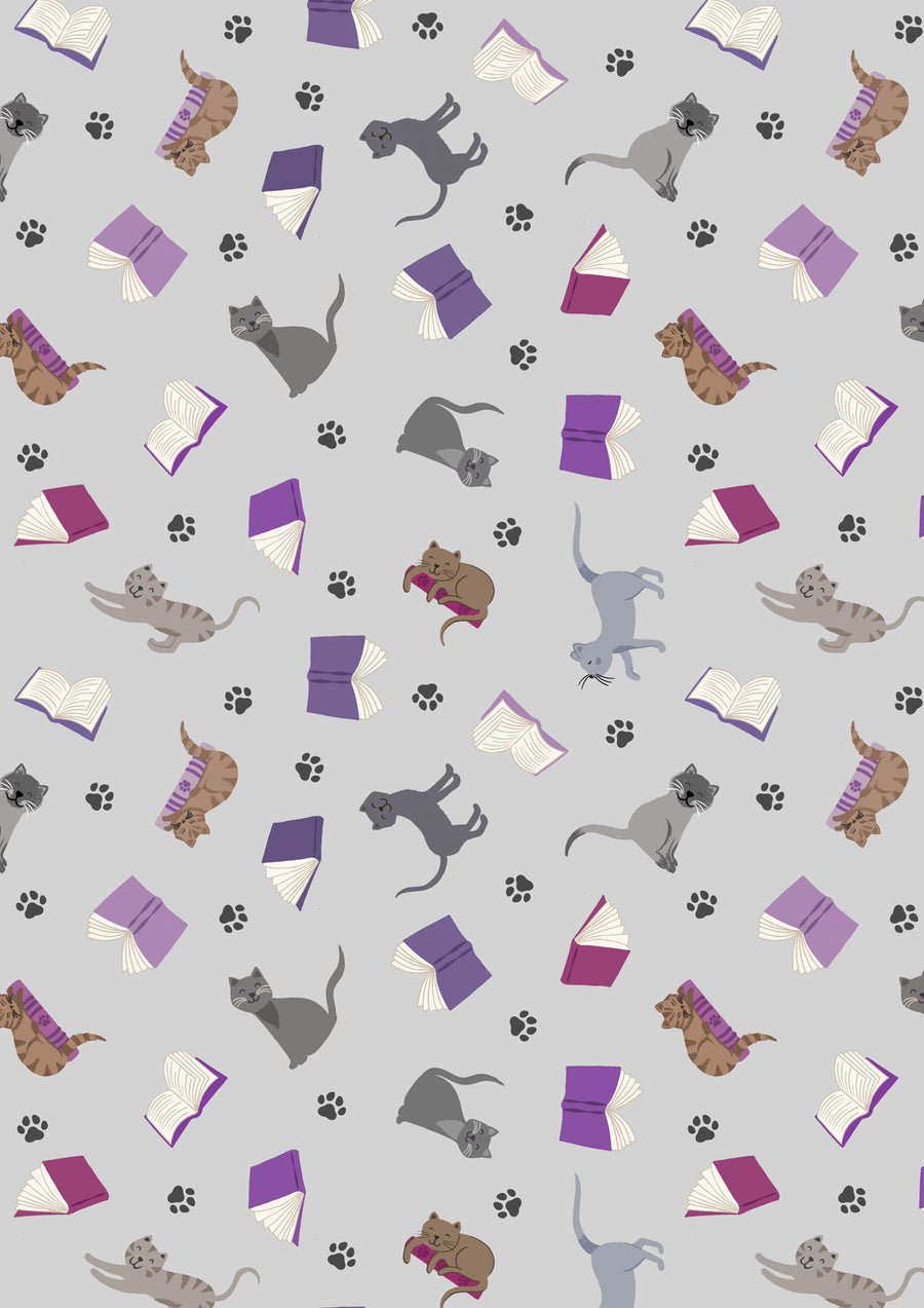 PURFECT BOOK CLUB: Scattered Cats and Books-Grey (1/4 Yard)