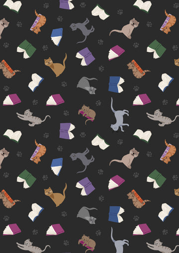 PURFECT BOOK CLUB: Scattered Cats and Books-Dark (1/4 Yard)