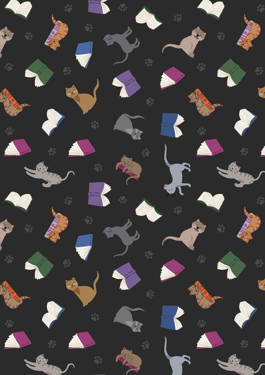 PURFECT BOOK CLUB: Scattered Cats and Books-Dark (1/4 Yard)