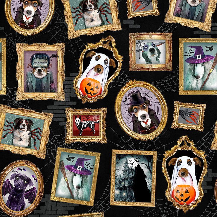 PICK YOUR POISON: Dog Halloween Portraits-Black (1/4 Yard)