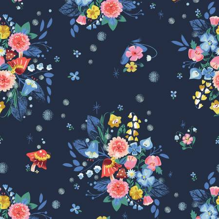 Down the Rabbit Hole: Caterpillar Floral-Navy (1/4 Yard)