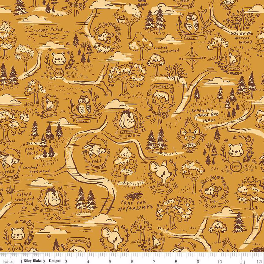 100 AKER WOODS: 100 Aker Woods Map-Gold (1/4 Yard)