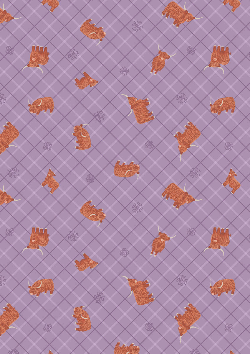 Small Things…Celtic Inspired: Highland cow on soft heather celtic check