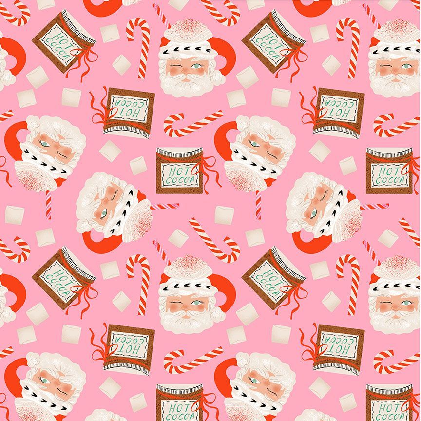 HOLLY JOLLY: Santa Mugs-Flamingo (1/4 Yard)