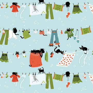 CATS IN LAUNDRY: Hanging Out-Sky (1/4 Yard)