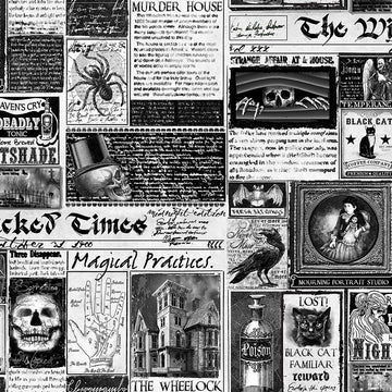 PICK YOUR POISON: Wicked Time Newspaper-White (1/4 Yard)