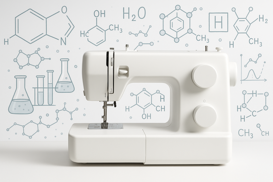 sewing machine with chemistry imagery behind it