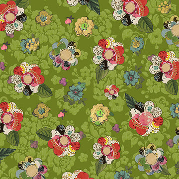 Soul Shine and Daydreams: Collage Flower in Dark Lime (1/4 Yard)