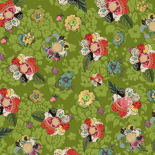 Soul Shine and Daydreams: Collage Flower in Dark Lime (1/4 Yard)