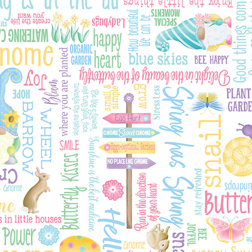 Spring Garden Gnomes: Spring Garden Words White (1/4 Yard)