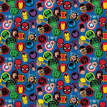 Marvel: Hero Stickers in Blue (1/4 Yard)