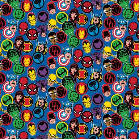 Marvel: Hero Stickers in Blue (1/4 Yard)