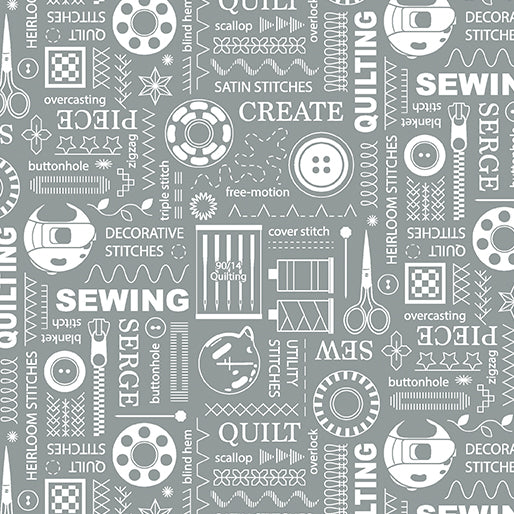 SEWING ROOM 2: Stitches-GRAY (1/4 Yard)
