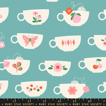 Camellia by Melody Miller: Tea Cups Turquoise (1/4 Yard)