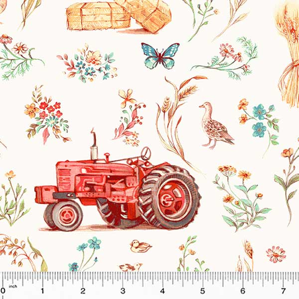 Farm Meadow: Farm scene - Ivory (1/4 Yard)