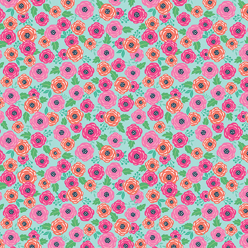 Sew Bloom by Cherry Guidry: Rosey Posey Pink/Turquoise (1/4 Yard)