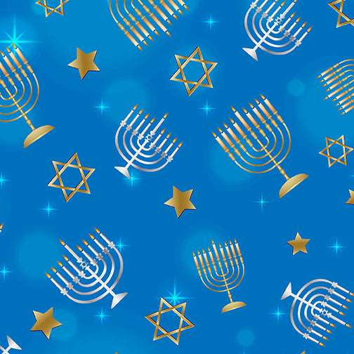 Festival of Lights: Menorahs and Stars Medium Blue (1/4 Yard)