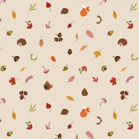 A Winters Nap: Cream Scattered Foliage & Friends (1/4 Yard)