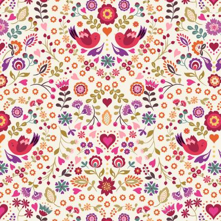 Little Matryoshka: Cream Birds & Floral (1/4 Yard)