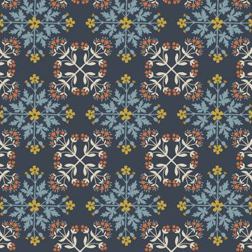 MOJOLICA: Floral tile on dark blue (1/4 Yard)