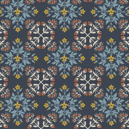 MOJOLICA: Floral tile on dark blue (1/4 Yard)
