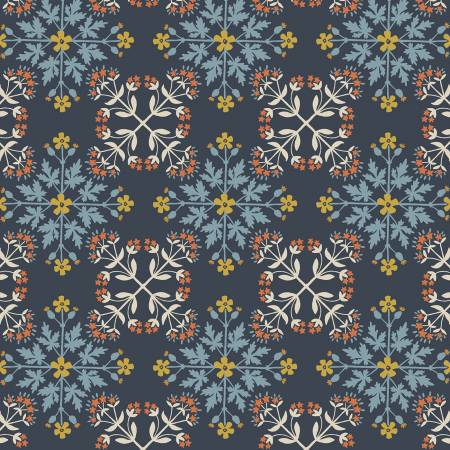 MOJOLICA: Floral tile on dark blue (1/4 Yard)