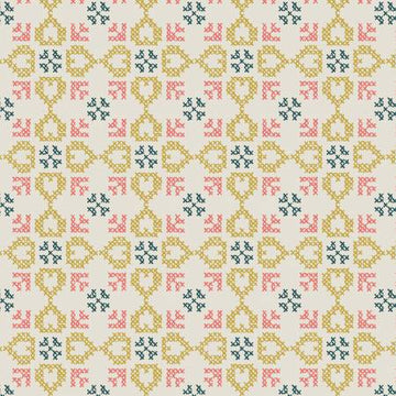 FOLK FLORAL: Cross stitch hearts on cream (1/4 Yard)