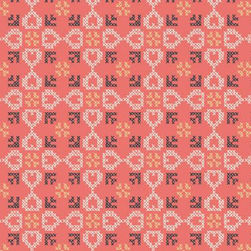 FOLK FLORAL: Cross stitch hearts on coral (1/4 Yard)