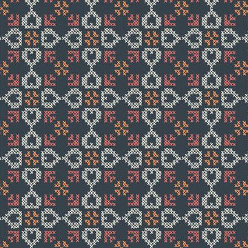 FOLK FLORAL: Cross stitch hearts on navy blue (1/4 Yard)