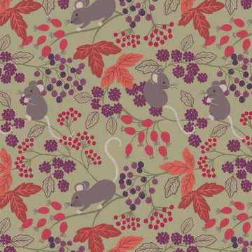 AUTUMN FIELDS...RELOVED: Mice with berries on country green (1/4 Yard)