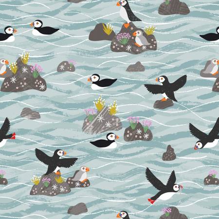 PUFFIN BAY: Puffins on rocks light blue (1/4 Yard)