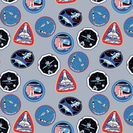 Out of this World with NASA Patches- Gray (1/4 Yard)