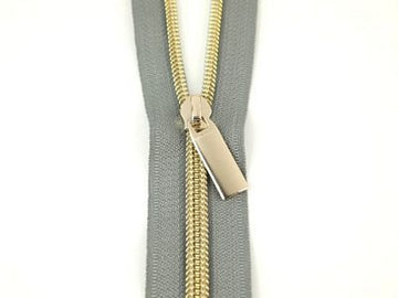 #5 ZIPPERS BY THE YARD GREY TAPE LIGHT GOLD TEETH